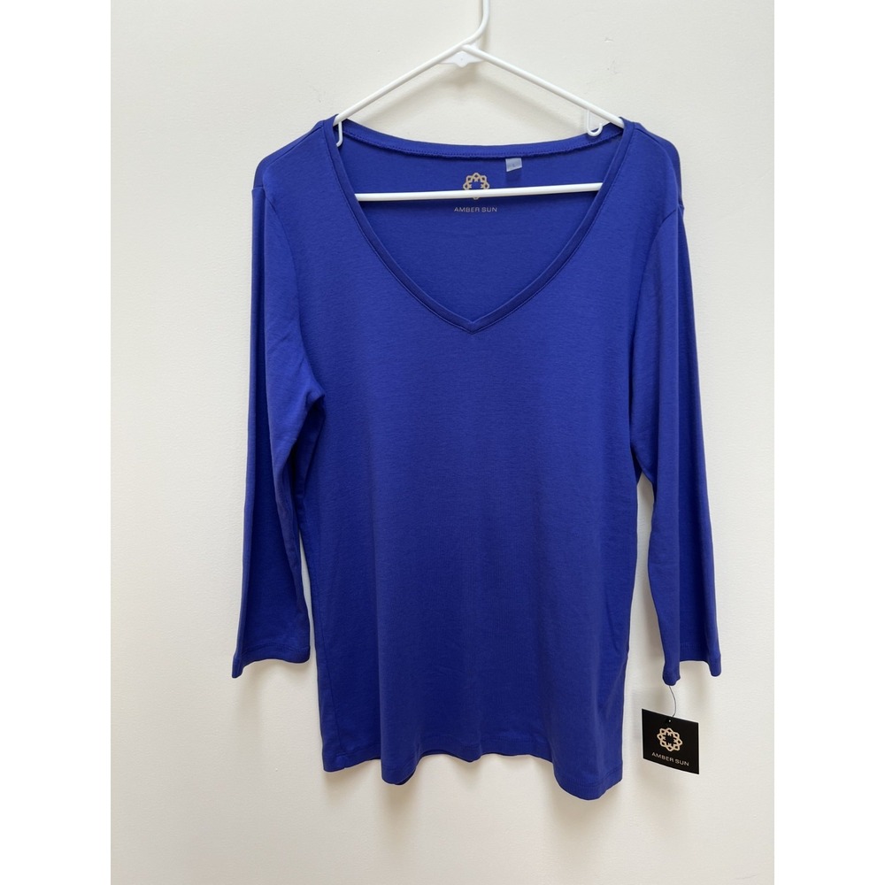 NWT Amber Sun 100% cotton 3/4 sleeve blue t-shirt soft comfortable casual